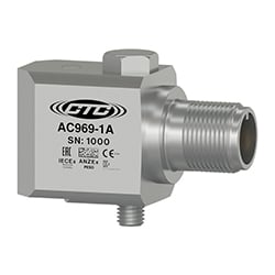 A stainless steel, side exit AC969 industrial vibration sensor engraved with the CTC Line logo, part number, serial number, and hazardous area certification logos.
